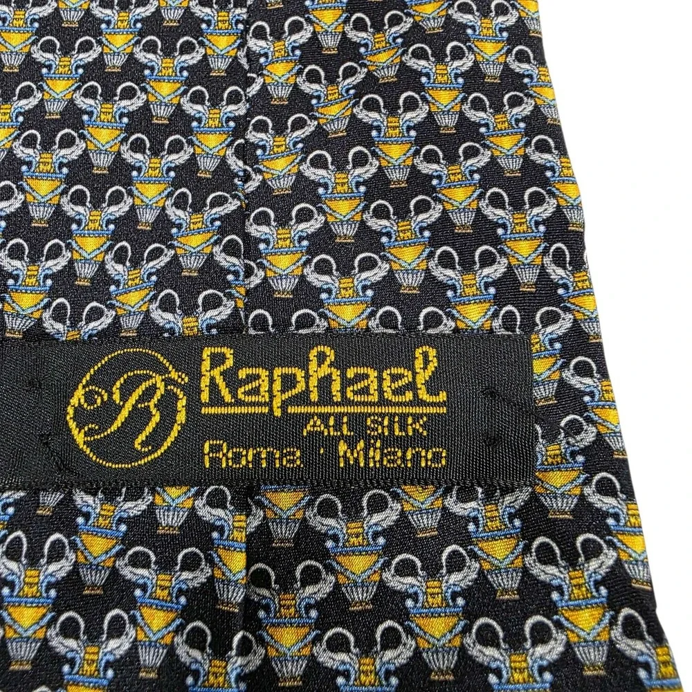 Raphael Mens Luxury Silk Tie Black Gold Pattern Handmade Roma Milano Necktie‎